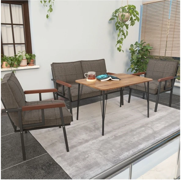 Mygusi Modern Serisi Balkon, Bahçe, Cafe - Metal Kanepe Koltuk Takımı - 2+1+1 60x90cm Masalı - Cappucino ürün görseli