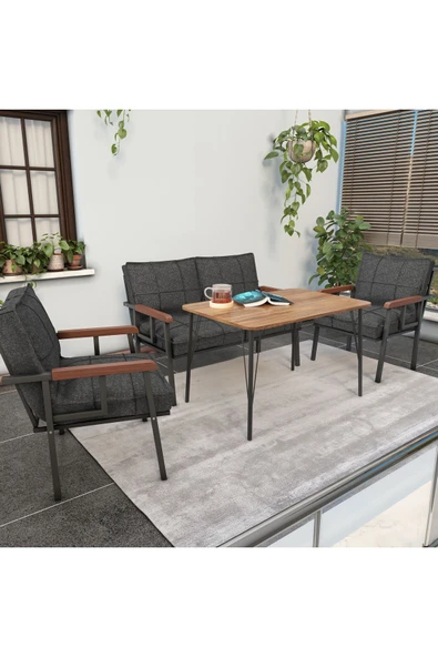 Mygusi Modern Serisi Balkon, Bahçe, Cafe - Metal Kanepe Koltuk Takımı - 2+1+1 60x90cm Masalı - Antrasit