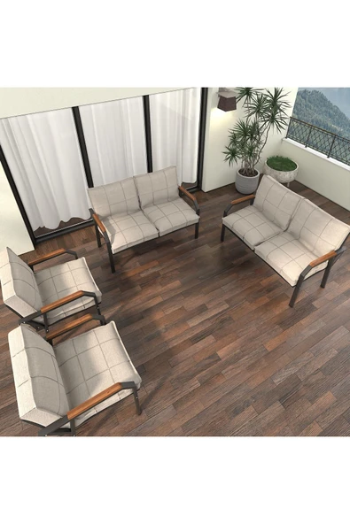 Mygusi Hayal Balkon Bahçe Cafe - Metal Kanepe Koltuk Takımı - 2+2+1+1 - Krem - 2