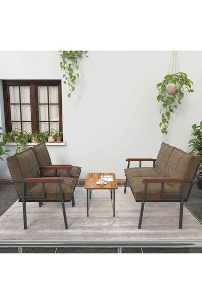 Mygusi Modern Serisi Balkon, Bahçe, Cafe - Metal Kanepe Koltuk Takımı - 2+1+1 Sehpalı - Kahverengi - 2