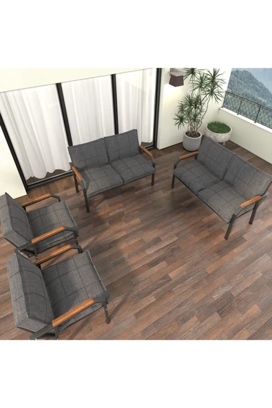 Mygusi Hayal Balkon Bahçe Cafe - Metal Kanepe Koltuk Takımı - 2+2+1+1 - Koyu Gri - 2