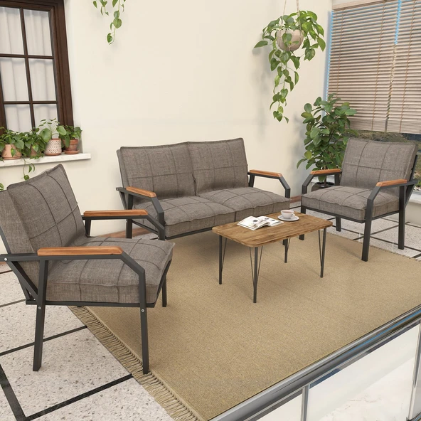 Mygusi Modern Serisi Balkon, Bahçe, Cafe - Metal Kanepe Koltuk Takımı - 2+1+1 Sehpalı - Cappucino