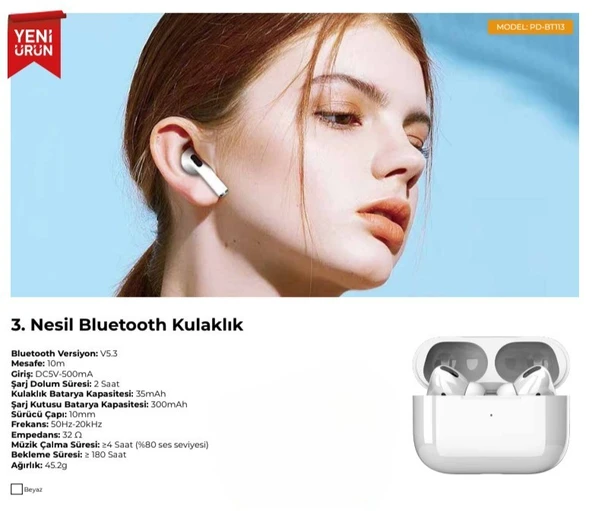 PDAteknoloji PD-BT113 3.Nesil Bluetooth Kulaklık V5.3 - Beyaz - 3