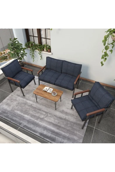 Mygusi Modern Serisi Balkon, Bahçe, Cafe - Metal Kanepe Koltuk Takımı - 2+1+1 Sehpalı - Lacivert - 3