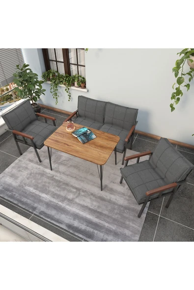 Mygusi Modern Serisi Balkon, Bahçe, Cafe - Metal Kanepe Koltuk Takımı - 2+1+1 60x90cm Masalı - Koyu Gri - 3