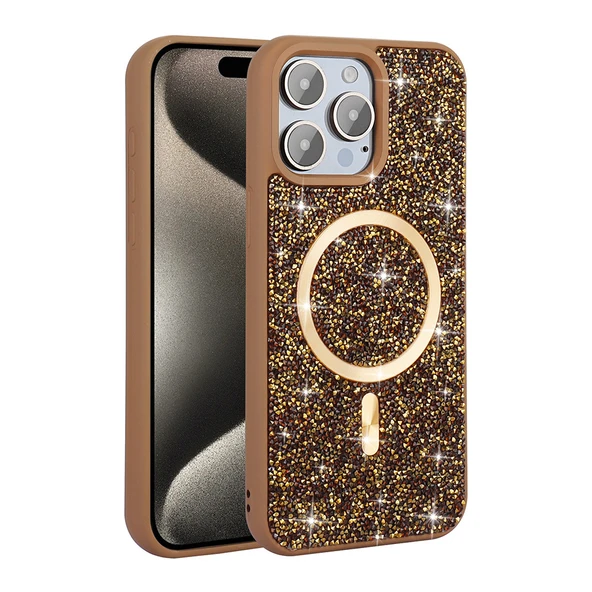 iPhone 15 Pro Kılıf Pırlanta Tasarımlı M-safe Şarj Özellikli Mozaik Silikon Kapak - 3