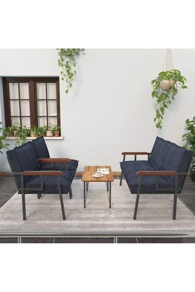 Mygusi Modern Serisi Balkon, Bahçe, Cafe - Metal Kanepe Koltuk Takımı - 2+1+1 Sehpalı - Lacivert - 2