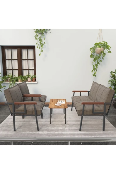 Mygusi Modern Serisi Balkon, Bahçe, Cafe - Metal Kanepe Koltuk Takımı - 2+1+1 Sehpalı - Cappucino - 2