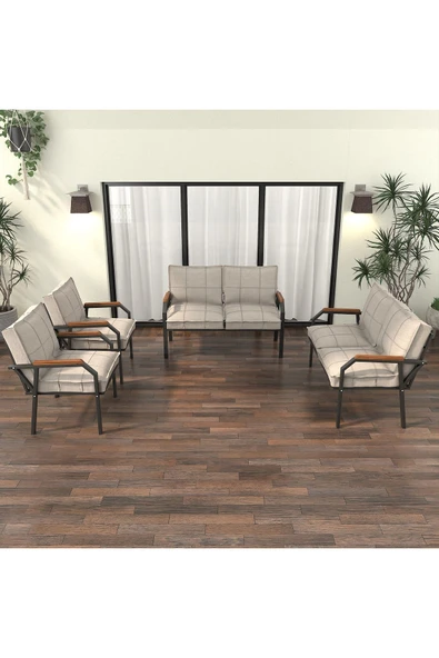 Mygusi Hayal Balkon Bahçe Cafe - Metal Kanepe Koltuk Takımı - 2+2+1+1 - Krem - 3