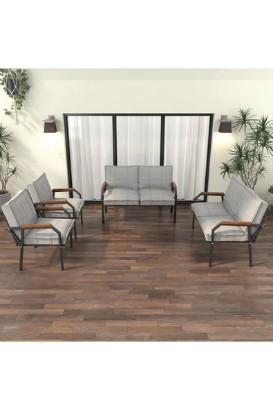 Mygusi Hayal Balkon Bahçe Cafe - Metal Kanepe Koltuk Takımı - 2+2+1+1 - Açık Gri - 3