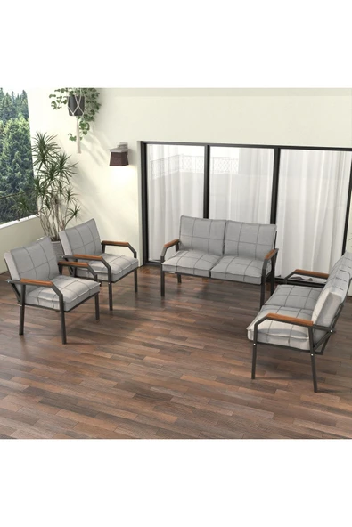 Mygusi Hayal Balkon Bahçe Cafe - Metal Kanepe Koltuk Takımı - 2+2+1+1 - Açık Gri