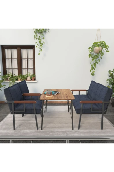 Mygusi Modern Serisi Balkon, Bahçe, Cafe - Metal Kanepe Koltuk Takımı - 2+1+1 60x90cm Masalı - Lacivert - 2