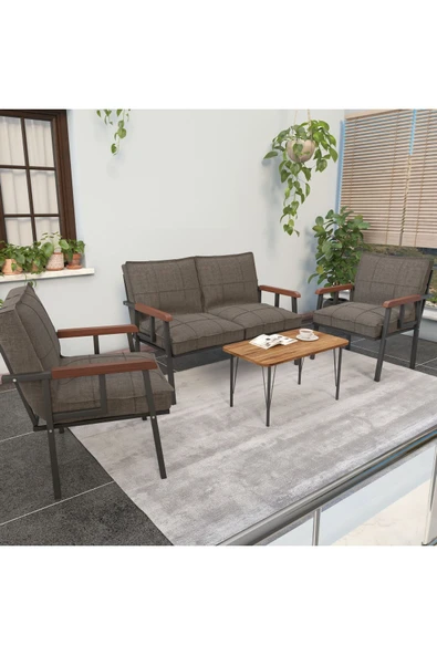 Mygusi Modern Serisi Balkon, Bahçe, Cafe - Metal Kanepe Koltuk Takımı - 2+1+1 Sehpalı - Cappucino