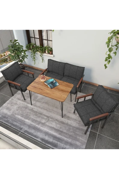 Mygusi Modern Serisi Balkon, Bahçe, Cafe - Metal Kanepe Koltuk Takımı - 2+1+1 60x90cm Masalı - Antrasit - 3