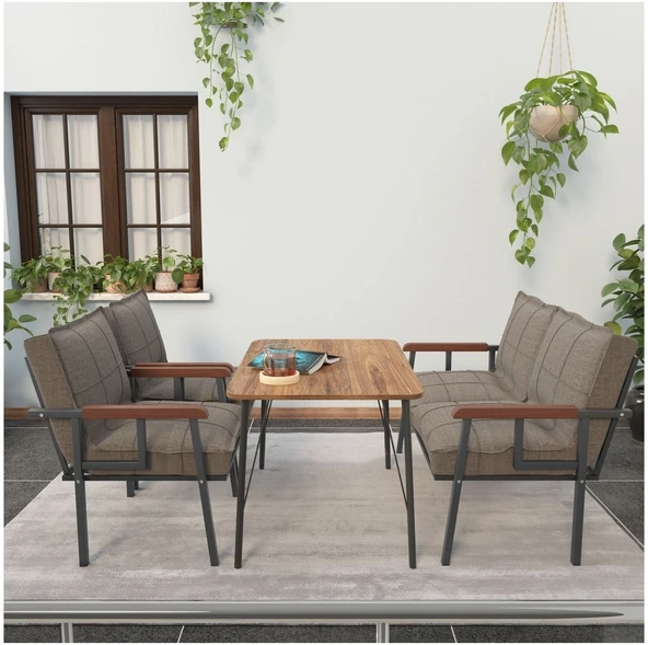 Mygusi Modern Serisi Balkon, Bahçe, Cafe - Metal Kanepe Koltuk Takımı - 2+1+1 60x90cm Masalı - Cappucino - Resim 2
