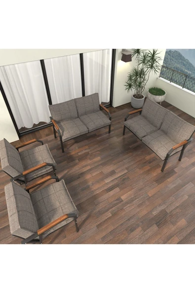 Mygusi Hayal Balkon Bahçe Cafe - Metal Kanepe Koltuk Takımı - 2+2+1+1 - Cappucino - 3