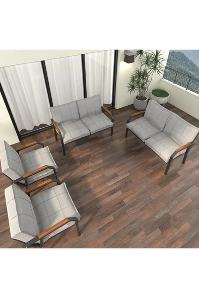 Mygusi Hayal Balkon Bahçe Cafe - Metal Kanepe Koltuk Takımı - 2+2+1+1 - Açık Gri - 2