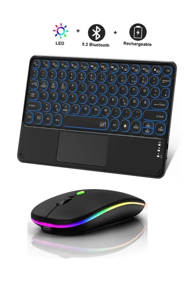 UmoTech RGB Işıklı Kablosuz Bluetooth Klavye Mouse Seti Şarjlı Ultra Slim Tablet Telefon Windows Uyumlu
