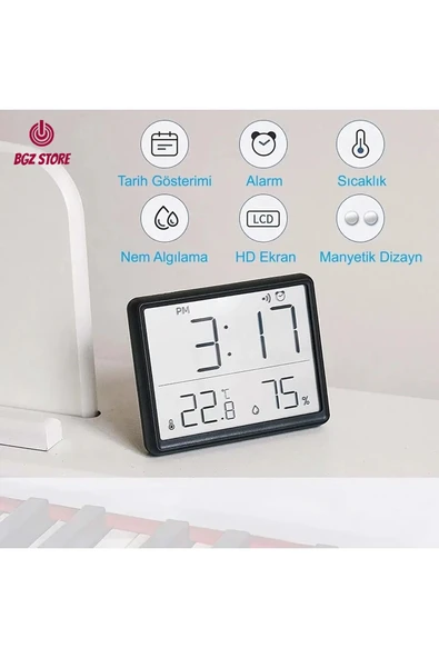 UmoTech Dijital Mini Saat LCD Ultra İnce Mıknatıslı Buzdolabı saati Alarmlı Nem ve Sıcaklık Göstergeli 9x7cm - 2