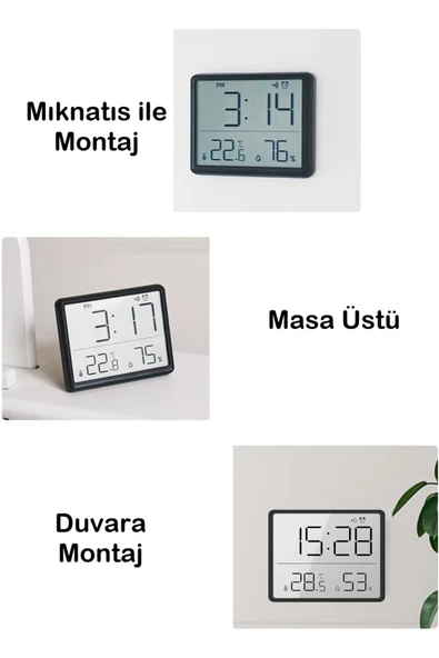 UmoTech Dijital Mini Saat LCD Ultra İnce Mıknatıslı Buzdolabı saati Alarmlı Nem ve Sıcaklık Göstergeli 9x7cm - 6