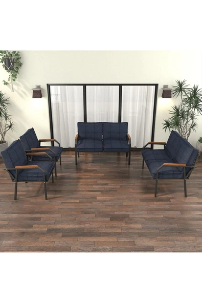 Mygusi Hayal Balkon Bahçe Cafe - Metal Kanepe Koltuk Takımı - 2+2+1+1 - Lacivert - 2