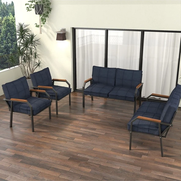 Mygusi Hayal Balkon Bahçe Cafe - Metal Kanepe Koltuk Takımı - 2+2+1+1 - Lacivert