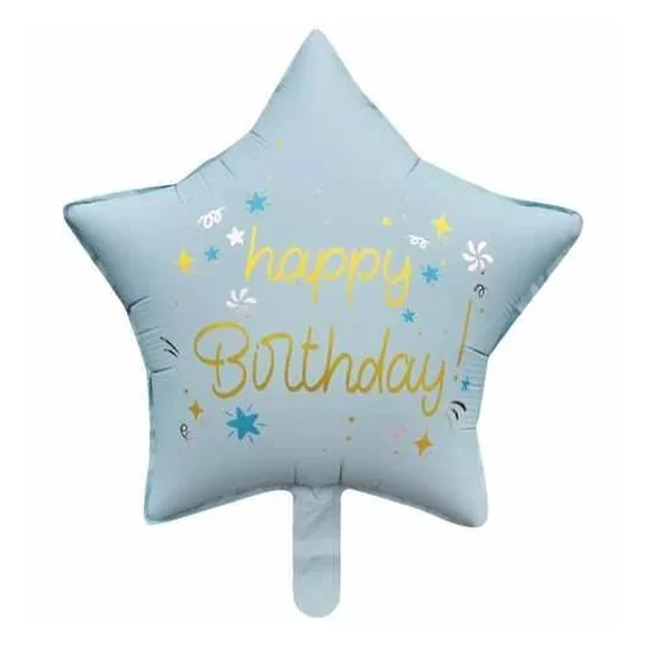 Retro Mavi Happy Bırthday Baskılı Yıldız Folyo Balon 18 inç - 1
