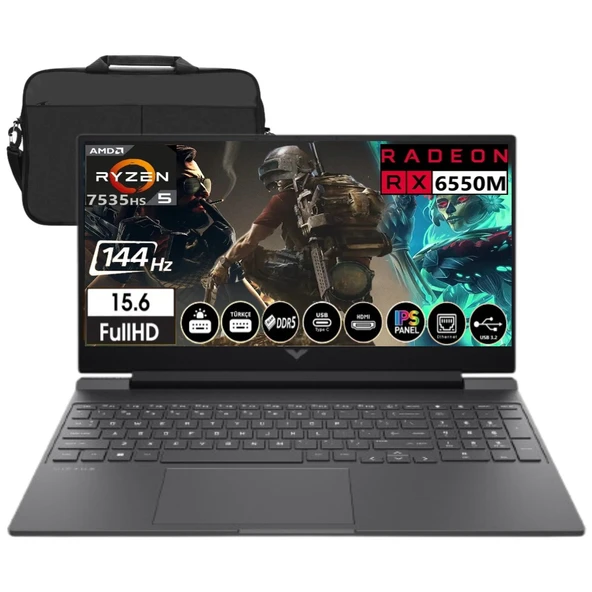 Hp Victus 15-FB2028NT Amd Ryzen 5 7535HS 48GB Ram 2tb SSD RX6550M 144Hz Freedos 15.6" Fullhd  Taşınabilir Bilgisayar A44MJEA & Cimete Çanta