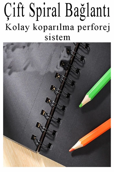 Telli Siyah Defter A5 40 Yaprak Eskiz Fotoğraf Albümü Simli Bant Sarı Beyaz Kurşun Jel Kalem Sigi Kalemtarş Hamur Silgi - 4