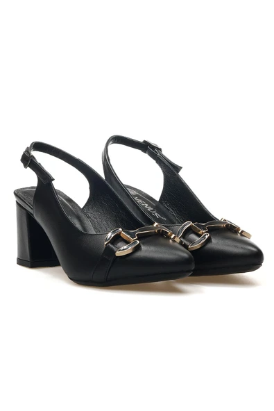 Venüs 25461074 Kadın Hakiki Deri Tokalı Sivri Burun Arkası Açık Kalın Topuk Ayakkabı - 5