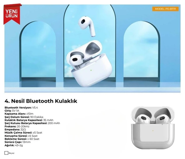 PDAteknoloji PD-BT111 4.Nesil Bluetooth Kulaklık V5.4 - Beyaz - Resim 5