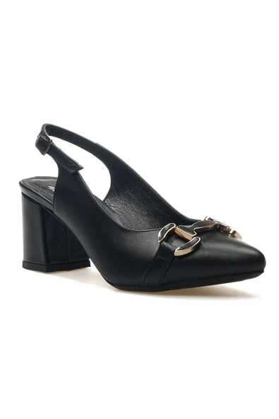 Venüs 25461074 Kadın Hakiki Deri Tokalı Sivri Burun Arkası Açık Kalın Topuk Ayakkabı - 2