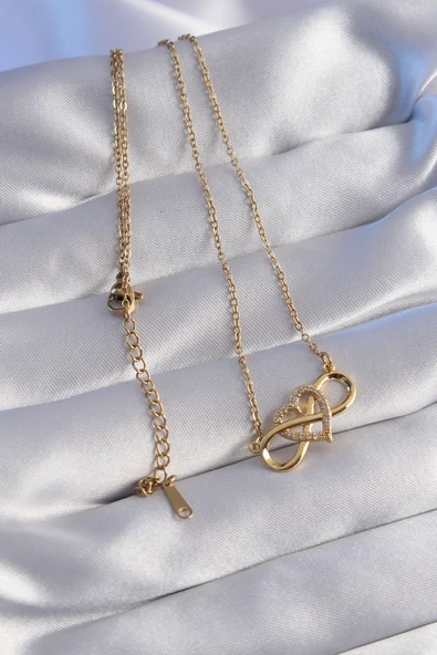 316L Çelik Zincir Gold Renk Zirkon Taşlı Kalp Model Sonsuzluk Kolye - TJ-BKO8768 - Resim 2