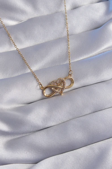 316L Çelik Zincir Gold Renk Zirkon Taşlı Kalp Model Sonsuzluk Kolye - TJ-BKO8768 ürün görseli 1