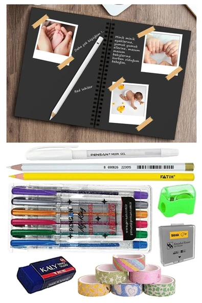 Telli Siyah Defter A5 40 Yaprak Eskiz Fotoğraf Albümü Simli Kalem Simli Bant Sarı Beyaz Kurşun Jel Kalem Sigi Kalemtraş