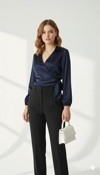 Saten Kruvaze Yaka Yandan Bağlamalı Gömlek Bluz ürün görseli