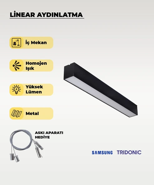 120 cm Siyah Metal Kasa Lineer Aydınlatma 6500K (Beyaz Işık)