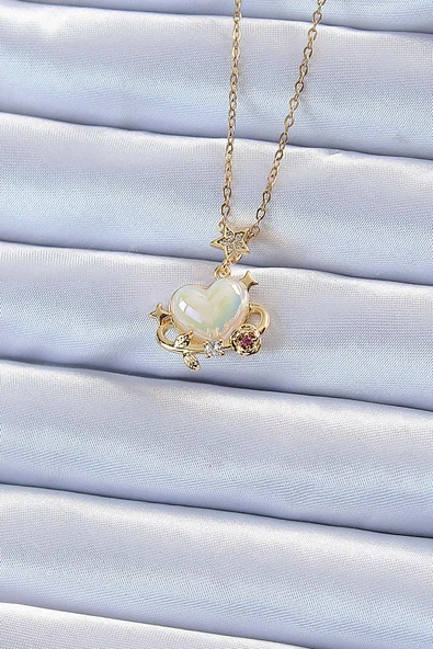 316L Çelik Zincir Altın Renk Zirkon Taşlı Gezegen Görünümlü Kalp Kolye - TJ-BKO9219 ürün görseli 1