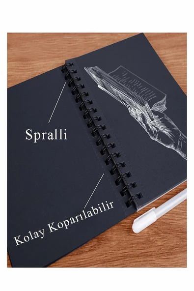 Telli Siyah Defter A5 40 Yaprak Eskiz Fotoğraf Albümü Simli Neon Kalem Simli Bant Sarı Beyaz Kurşun Jel Kalem Kalemtraş - 5