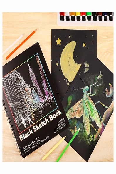 Telli Siyah Defter A5 40 Yaprak Eskiz Fotoğraf Albümü Simli Neon Kalem Simli Bant Sarı Beyaz Kurşun Jel Kalem Kalemtraş - 4