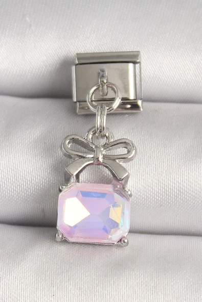 316L Çelik Gümüş Renk Pembe Zirkon Taşlı Çanta Model Nomination Charm - TJ-BC1301