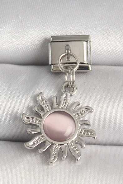 316L Çelik Gümüş Renk Pembe Mineli Güneş Model Nomination Charm - TJ-BC1266
