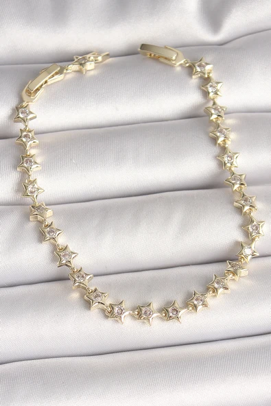 Pirinç Gold Renk Zirkon Taşlı Yıldız Model VIP Seri Kadın Bileklik - TJ-BB6880