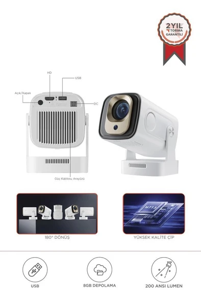 Torima  HY260 PRO Mini Beyaz Taşınabilir Sinema Projektörü Ev Sineması Android Akıllı Projeksiyon