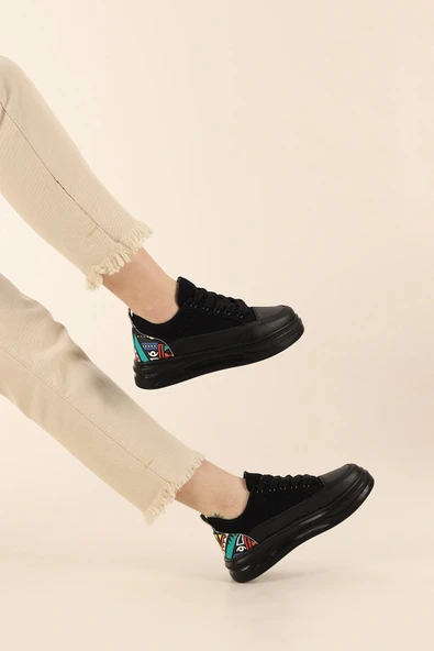 Albishoes Kadın Yüksek Taban Desenli Hafif Rahat Keten Günlük Bağcıklı Kadın Sneaker Spor Ayakkkabı - 2