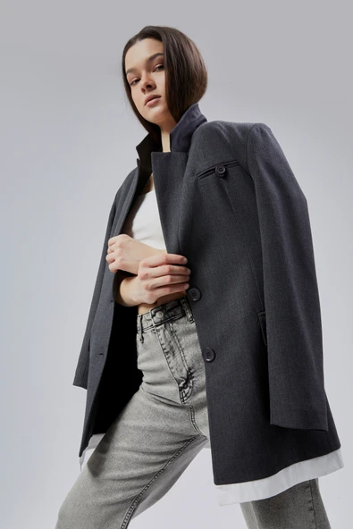 Antrasit Oversize Uzun Blazer Ceket - 2