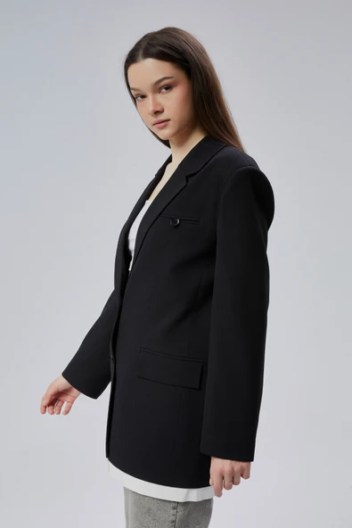 Siyah Oversize Uzun Blazer Ceket - 6