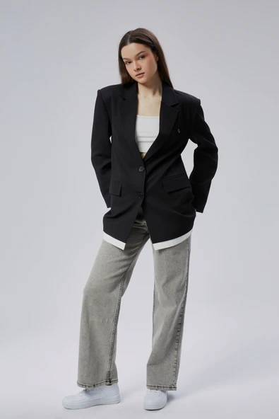 Siyah Oversize Uzun Blazer Ceket - 3