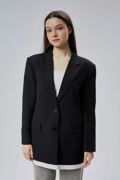 Siyah Oversize Uzun Blazer Ceket - 10