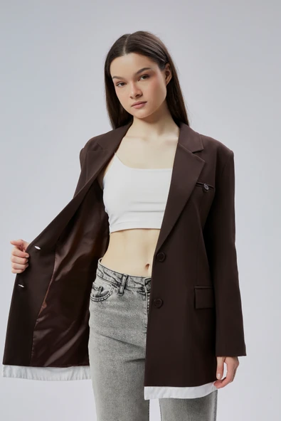 Acı Kahve Oversize Uzun Blazer Ceket - 2